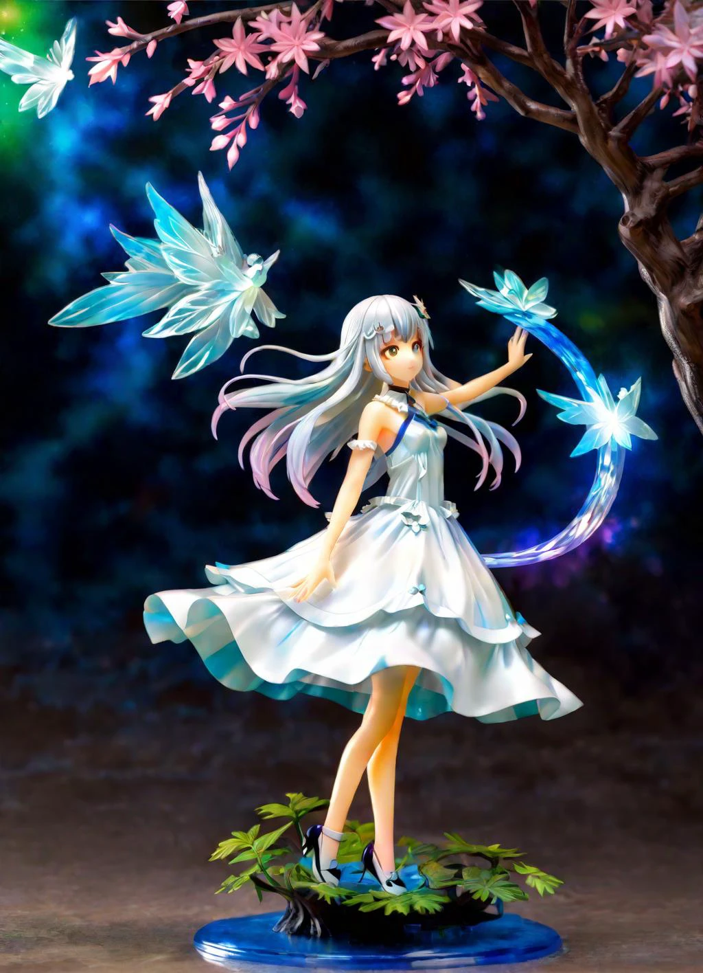 1 girl, anime, masterpiece, fluttered tree hologram ,floating in cosmos, (from side:0.8), (from below:0.9), raising galaxy, best quality, (blue nebula in shape of girl:0.9), (detailed acrylic painting), concept art, intricate detail, lens distortion, highres, (lens flare:0.95), depth of field, (landscape), chaos, raytracing, high contrast, reflective, glossy, ((HDR)), fluttered glowing particles around lake, pose, princess clothes, 3:1, glowing gradient eyes, blush, (thinking), shiny white crystal head accessories, look away from viewer, long shot, ((gradient color)), pose, fluttered elegant dress, fluttered sliver hair, outer realm, tight), <lora:anime_figure:1>
