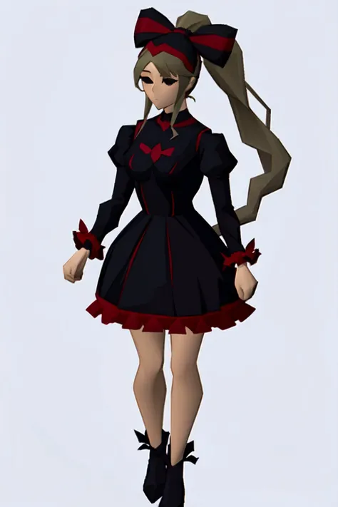 masterpiece, best quality, <lora:ShalltearV3333-000023:0.7>, 1girl, shalltear, gray hair, bonnet, hair bow, ponytail, black dress, long sleeves, red frills, full body, simple background, <lora:OSRSNPCS:0.6>