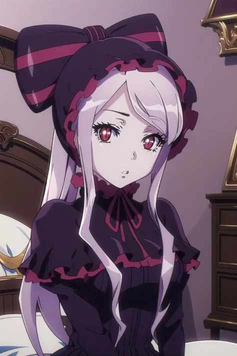 ((best quality)), ((masterpiece)), (detailed), <lora:Shalltear_V1.0_anylora30step:0.8> shalltear, red eyes, bonnet, (hair bow:1.1), slit pupils, nude, parted lips, looking at viewer, bedroom, captivating pose