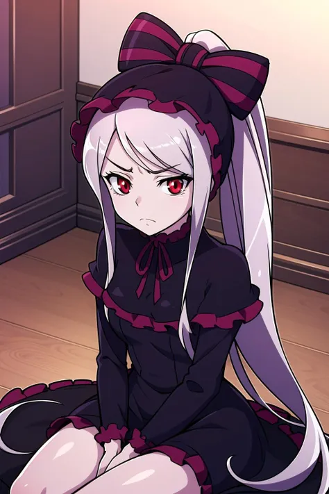 absurdres, highres, ultra detailed, <lora:ShalltearV3333-000023:0.7> shalltear, gray hair, red eyes, bonnet, hair bow, ponytail, black dress, long sleeves, red frills, sitting, frown, looking at viewer, indoors