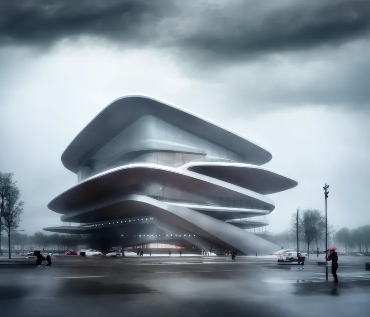 Masterpiece,best quality,a photo of a building,perspective,1 museum,futuristic style,rainy