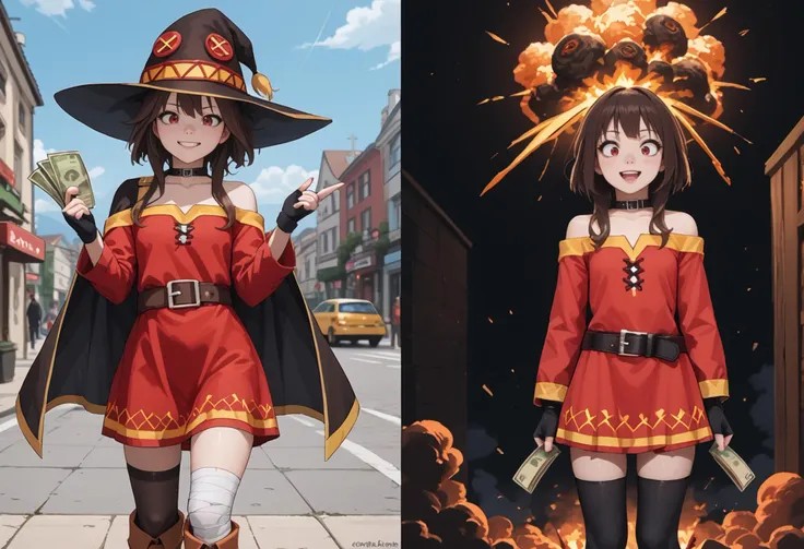 score_9,score_8_up,score_7_up,source_anime,<lora:AEMegumin:0.8>,AEMegumindef,red eyes,Brown hair,Belt choker,red dress,off-shoulder dress,Black gloves,fingerless gloves,Belt,mismatched legwear,asymmetrical legwear,bandaged leg,black thighhighs,knee boots,hat,Black cape,wide-eyed,happy,+ +,<lora:POV_holding_money_before_and_after>,instant loss,2koma,holding money,pov holding money before and after,<lora:Nuclear_Explosion:0.6>,Nuclear Explosion,