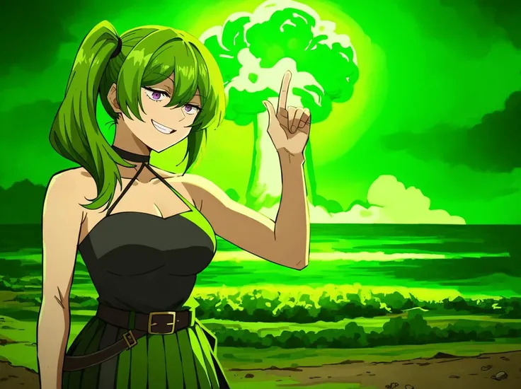 score_9, score_8_up, score_7_up, detailed background, realistic lighting, background: medieval city, fantasy landscape,
detailed eyes, mature female,fit and slim,1 girl, full body, girl standing to the left, one hand behind back, leaning, bend over, grin, snap fingers, one hand snap motion,
<lora:khyle:0.8>, khlye ,
<lora:Pony - Background - Nuclear_Explosion:1.3>, Nuclear Explosion, Nuclear Explosion in the Background, green nuke, green theme,
<lora:Ubel_PonyXL:0.7> ubel,1girl,green hair, bangs,hair between eyes,side ponytail, purple eyes, black choker, collarbone, sleeveless, black dress,sleeveless dress, halterneck,pleated skirt, black gloves,belt,black footwear, short skirt,