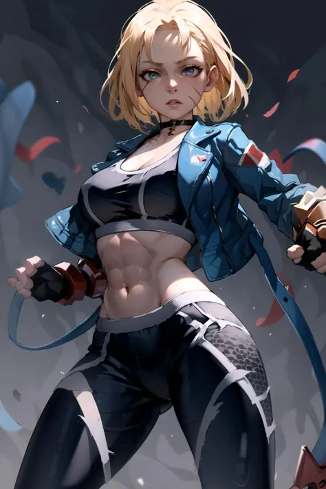 <lora:Cammy-14:1>, CammySF, PantsO, pants, jacket, sports bra, short hair, standing, looking at viewer, best quality, masterpiece, highres