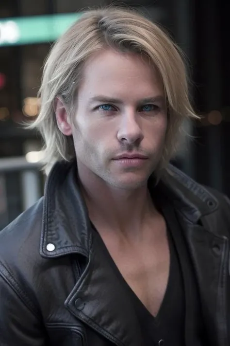 a handsome man, gp13rc3, stunning eyes, looking at viewer, downtown, blue leather jacket, neon blonde dyed hair