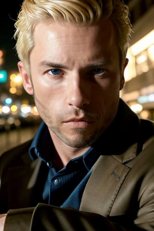  poster, [RAW:0.1] HD, photo of a man:1.1 <lora:guyp13rc3:1.1>, natural skin, platinum blonde hair, (crooked detective), outside at night, dramatic pose, dark street at night, downtown at midnight, bokeh, neon lights, highly detailed skin