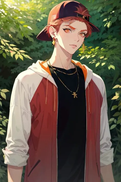 (best quality:1.1), (masterpiece:1.4), illustration, , upper body, depth of field, (watercolor illustration, soft pastel colors:1.1), (realistic:1.4), 1boy, solo, male focus, <lora:satsuki_itou:0.98>, satsuki_itou, red hair, orange eyes, short hair, jewelry, earrings, hat, backwards hat, baseball cap, , An enchanted forest where magical creatures and plants abound, High resolution