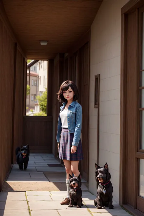 best quality, (1girl, standing, with a Scottish Terrier), outside, natural lighting, lit from above, <lora:hairdetailer:.5> <lora:add_detail:0.5> <lora:boldline:0.2>