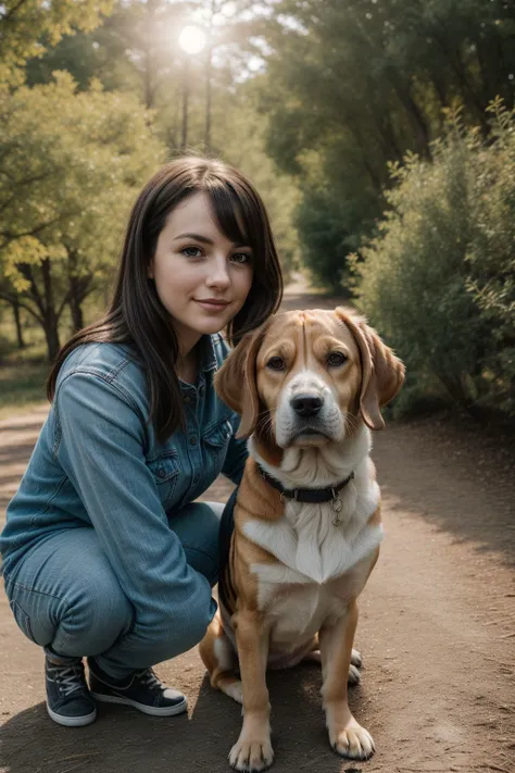 best quality, photo, (1girl, with a Beagle dog), outside, natural lighting, lit from above, <lora:hairdetailer:.5> <lora:add_detail:0.5> <lora:boldline:0.2>