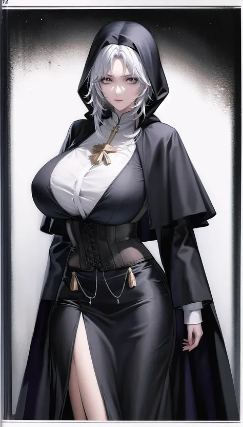 white hair,
(cassock:1.28),
lady,mature female, cowboy shot,
(white background,simple background:1.18),
highres,official art,original,masterpiece,best quality,
(huge breasts:0.8),
 <lora:Tetra:0.8>