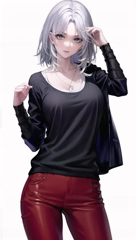 white hair,
(casual:1.28),
lady,mature female, cowboy shot,
(white background,simple background:1.18),
highres,official art,original,masterpiece,best quality,
(huge breasts:0.8),
 <lora:Tetra:0.8>