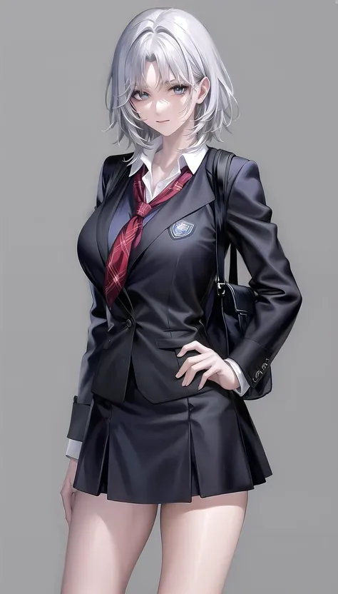 white hair,
(school uniform:1.28),
lady,mature female, cowboy shot,
(white background,simple background:1.18),
highres,official art,original,masterpiece,best quality,
(huge breasts:0.8),
 <lora:Tetra:0.8>