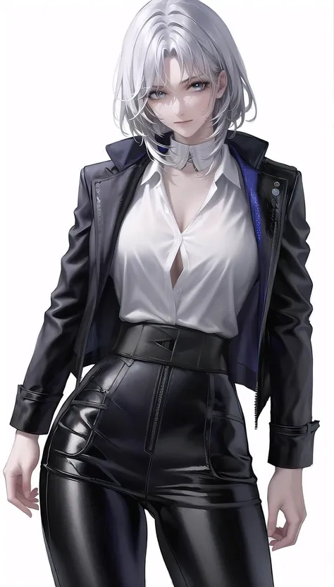 white hair,
white shirt,leather pants,blue long_coat, shiny clothes,
lady,mature female, cowboy shot,
(white background,simple background:1.18),
highres,official art,original,masterpiece,best quality,
(huge breasts:0.8),
 <lora:Tetra:0.8>