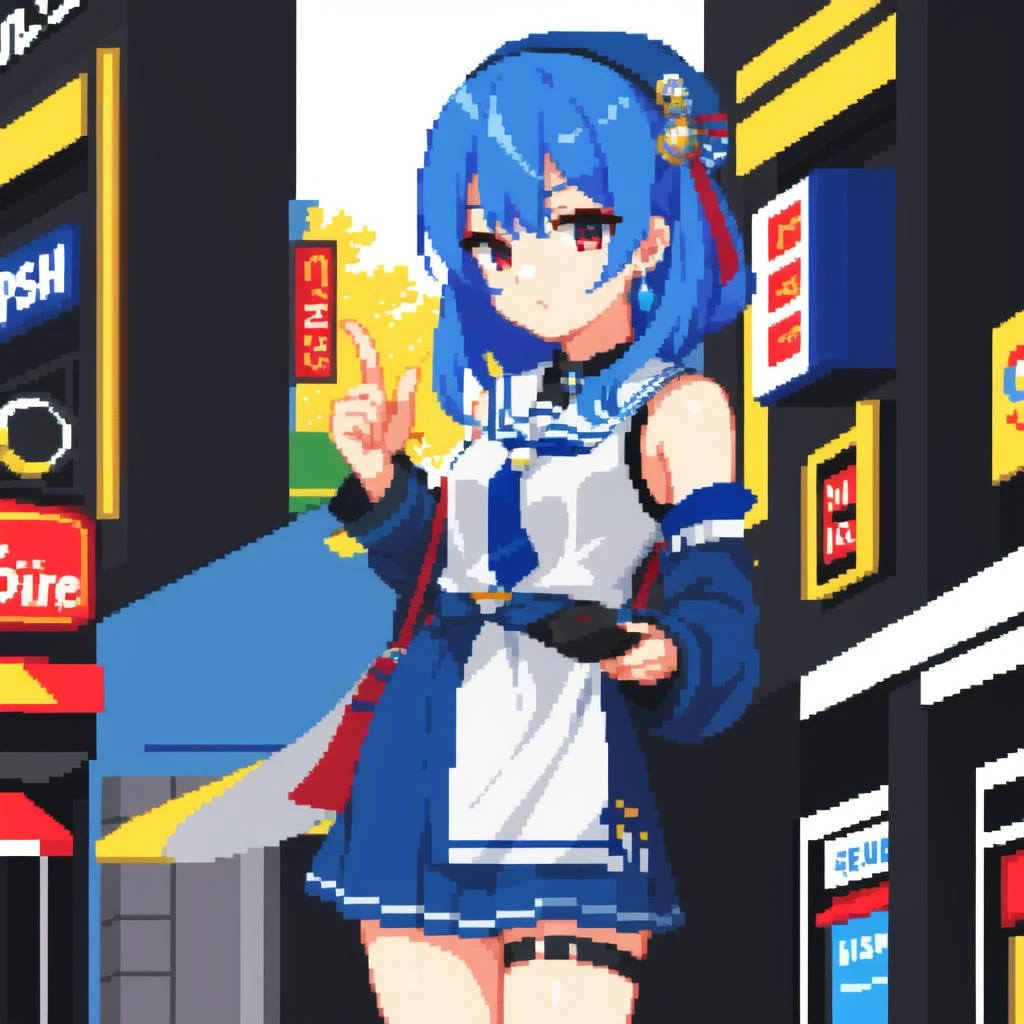 solo, 1girl, Hoshimachi Suisei, blue hair, virtual youtuber, mall background, aduare style, upperbody , pixel art <lora:Aduare Style:0.6>