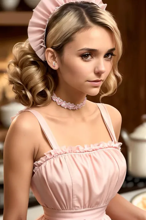 up close photo of ninaD1 wearing a milk maid dress, (light pink milk maid dress), (upright pin curl hairstyle), (blonde hair), (kitchen background), elegant, highly detailed. vibrant, photorealistic, realistic, sharp focus, 8k