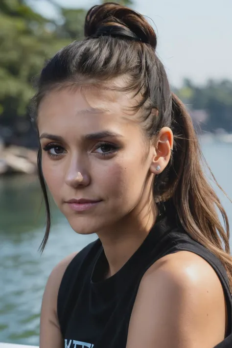 RAW, real photo portrait, ninaD1, on a boat, (wearing a black t-shirt), pretty face, insanely detailed eyes, light blonde hair, high ponytail, bokeh, natural light, depth of field, golden hour, sharp focus