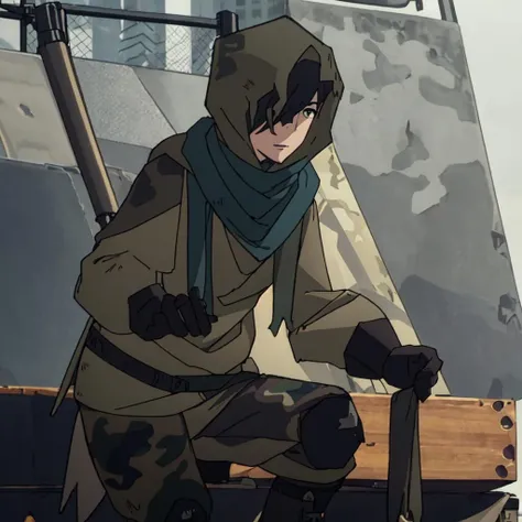 <lora:Jackass:1>>outdoor,street,Masterpeace,high quality,Jackass, solo, short hair, black hair, black gloves, hood, scarf, hair over one eye, hood up, pouch, knee pads, hooded cloak, camouflage pants