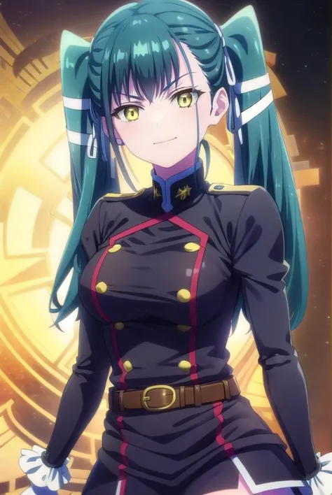 yachihoazuma, <lora:yachiho azuma s1-lora-nochekaiser:1>,
yachiho azuma, long hair, twintails, hair ribbon, aqua hair, (yellow eyes:1.3), smile, smirk,
BREAK thighhighs, gloves, jewelry, earrings, boots, shorts, belt, uniform, military, military uniform, thigh boots, epaulettes, black military uniform,
BREAK outdoors, space, starry sky, star \(sky\), moon,
BREAK looking at viewer, (cowboy shot:1.5),
BREAK <lyco:GoodHands-beta2:1>, (masterpiece:1.2), best quality, high resolution, unity 8k wallpaper, (illustration:0.8), (beautiful detailed eyes:1.6), extremely detailed face, perfect lighting, extremely detailed CG, (perfect hands, perfect anatomy),
