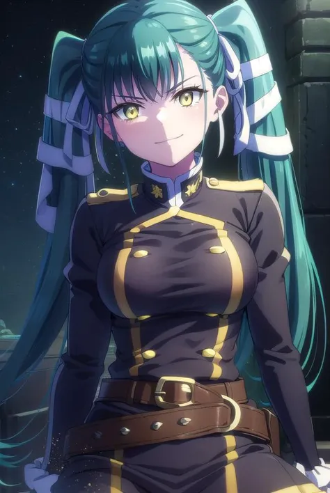 yachihoazuma, <lora:yachiho azuma s1-lora-nochekaiser:1>,
yachiho azuma, long hair, twintails, hair ribbon, aqua hair, (yellow eyes:1.3), smile, smirk,
BREAK thighhighs, gloves, jewelry, earrings, boots, shorts, belt, uniform, military, military uniform, thigh boots, epaulettes, black military uniform,
BREAK outdoors, space, starry sky, star \(sky\), moon,
BREAK looking at viewer, (cowboy shot:1.5),
BREAK <lyco:GoodHands-beta2:1>, (masterpiece:1.2), best quality, high resolution, unity 8k wallpaper, (illustration:0.8), (beautiful detailed eyes:1.6), extremely detailed face, perfect lighting, extremely detailed CG, (perfect hands, perfect anatomy),