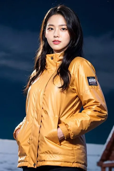 mature body, masterpiece, best quality, ultra-detailed, ultra high res, (photorealistic:1.4), raw photo, (realistic:0.2), CG, {4k|8k} HDR, perfect lighting, 1girl, solo, looking at viewer, (winter clothes, padded jacket), outdoor, (snow, snowflakes), night, aurora sky, upper body, asymmetrical wavy long hair, (detailed oily skin, medium breasts:1), (detailed background :1.1), hands in pocket,