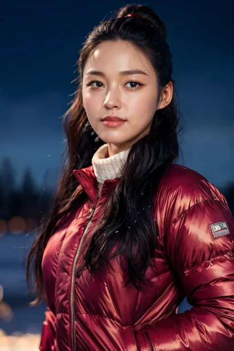 mature body, masterpiece, best quality, ultra-detailed, ultra high res, (photorealistic:1.4), raw photo, (realistic:0.2), CG, {4k|8k} HDR, perfect lighting, 1girl, solo, looking at viewer, (winter clothes, padded jacket), outdoor, (snow, snowflakes), night, aurora sky, upper body, asymmetrical wavy long hair, (detailed oily skin, medium breasts:1), (detailed background :1.1), hands in pocket, 25 years old