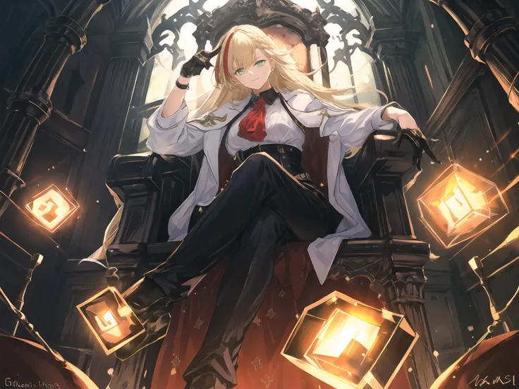 masterpiece,best quality,highres,cinematic lighting,dramatic angle,1girl,braid,blonde hair,glowing eyes,shaded face,white jacket,belt,high-waist pants,red ascot,black pants,white shirt,multicolored hair,green eyes,<lora:ShadowverseNahtV2-000015:0.8:lbw=1,1,0.1,0.1,0.8,0.8,0.2,0.2,0.8,1,1,1,1,1,1,1,1>,evil smile,<lora:add_detail:0.5>,black sealed glowing cube,sitting on throne,arm support