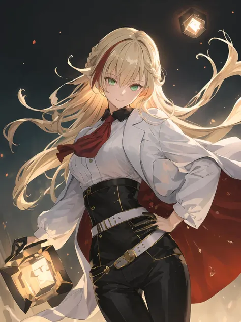 masterpiece,best quality,highres,cinematic lighting,dramatic angle,1girl,braid,blonde hair,glowing eyes,shaded face,white jacket,belt,high-waist pants,red ascot,black pants,white shirt,multicolored hair,green eyes,<lora:ShadowverseNahtV2-000015:0.8:lbw=1,1,0.1,0.1,0.8,0.8,0.2,0.2,0.8,1,1,1,1,1,1,1,1>,glowing sealed cube,looking at viewer,glowing eyes,grasp,hand on hip,evil smile,<lora:flat2:0.25>,<lora:add_detail:0.5>