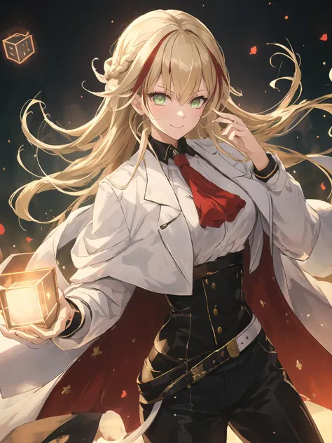 masterpiece,best quality,highres,cinematic lighting,dramatic angle,1girl,braid,blonde hair,glowing eyes,shaded face,white jacket,belt,high-waist pants,red ascot,black pants,white shirt,multicolored hair,green eyes,<lora:ShadowverseNahtV2-000015:0.8:lbw=1,1,0.1,0.1,0.8,0.8,0.2,0.2,0.8,1,1,1,1,1,1,1,1>,glowing sealed cube,looking at viewer,glowing eyes,grasp,hand on hip,evil smile,<lora:flat2:0.25>,<lora:add_detail:0.5>