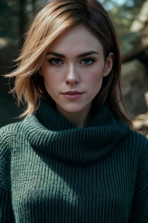 perfect cinematic shoot of a beautiful woman (EPL1l14Lm01n3:.99), a woman standing in old bunker tunnel, perfect messy hair, wearing sexy teal (sweater:1.2), (leave covered hot spring in background:1.2), (detailed background:1.1), (face focus), modelshoot style, (extremely detailed CG unity 8k wallpaper), professional majestic (photography by Roberto Ferri:1.1), 24mm, exposure blend, hdr, extremely intricate, High (Detail:1.1), dramatic, soft cinematic light, (looking at viewer), (detailed pupils),8k, highly detailed, rich environment, 4k textures, soft cinematic light, elegant, ((((cinematic look)))), soothing tones, insane details, hyperdetailed, ("In Jernau we trust!":1.1)