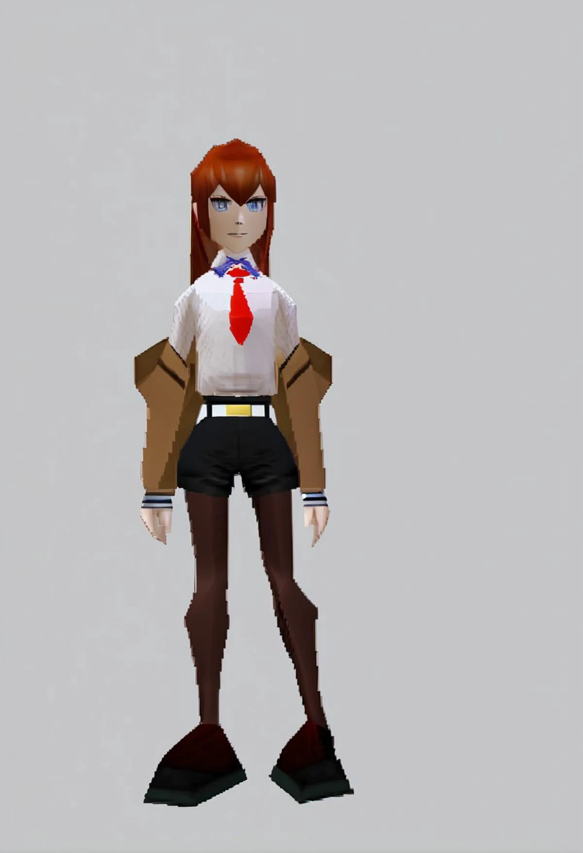 score_9, score_8_up, score_7_up, source_anime BREAK 1girl, solo,
<lora:zs_N64ZeldaStyleXL:1> n64zeldastyle, 3d, polygonal, white background, full body
<lora:steinsgate_makise_ponyXL:1> makise kurisu, brown jacket, off shoulder, white shirt, red necktie, black shorts, pantyhose, legwear under shorts, white belt