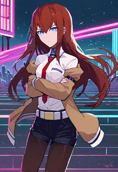 score_9, score_8_up, score_7_up, score_6_up, source_anime, mountainous horizon, sunset, neon lights, cityscape, 1girl, looking at viewer, neon trim, MinimalStyle, retrowave, ((Makise_Kurisu)), brown jacket, off shoulder, white shirt, red necktie, black shorts, pantyhose, legwear under shorts, white belt, makise kurisu, blue eyes, crossed arms