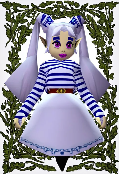score_9, score_8_up, score_7_up, source_anime BREAK 1girl, solo,
<lora:zs_N64ZeldaStyleXL:1> n64zeldastyle, 3d, polygonal, white background, full body
<lora:frieren_v1:0.7>frieren, long hair, white hair, twintails, pointy ears, earrings, thick eyebrows, white capelet, striped shirt, long sleeves, belt, white skirt, black pantyhose