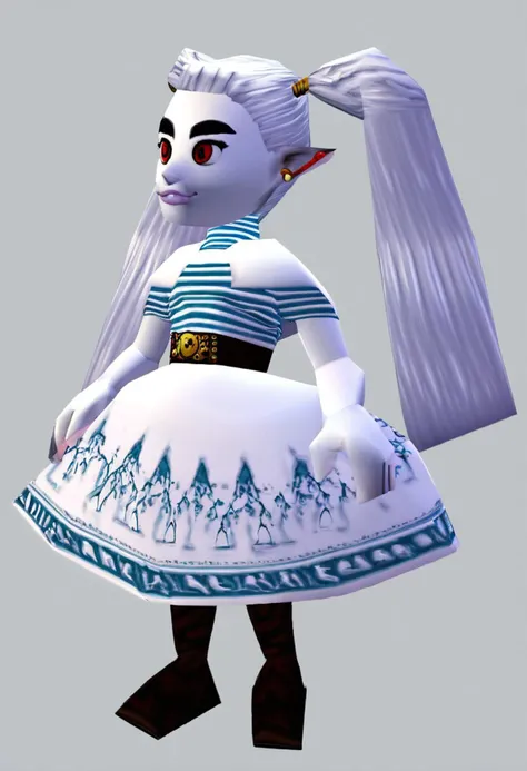 score_9, score_8_up, score_7_up, source_anime BREAK 1girl, solo,
<lora:zs_N64ZeldaStyleXL:1> n64zeldastyle, 3d, polygonal, white background, full body
<lora:frieren_v1:0.7>frieren, long hair, white hair, twintails, pointy ears, earrings, thick eyebrows, white capelet, striped shirt, long sleeves, belt, white skirt, black pantyhose