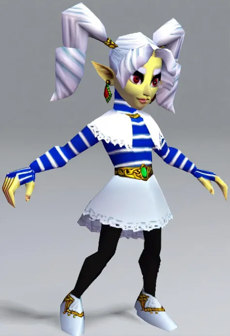 score_9, score_8_up, score_7_up, source_anime BREAK 1girl, solo,
<lora:zs_N64ZeldaStyleXL:1> n64zeldastyle, 3d, polygonal, white background, full body
<lora:frieren_v1:0.7>frieren, long hair, white hair, twintails, pointy ears, earrings, thick eyebrows, white capelet, striped shirt, long sleeves, belt, white skirt, black pantyhose