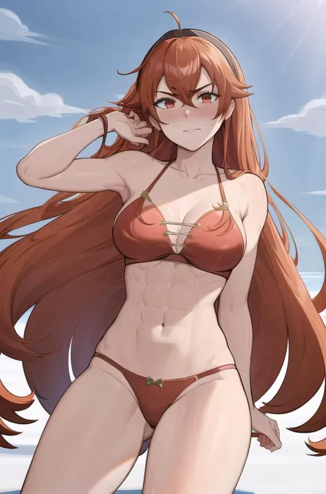 masterpiece,best_quality,Adult_Eris,1girl, red_hair, solo, long_hair, red_eyes, navel, hairband,red bra,red panties,snow mountains,tsundere,toned abs,toned legs,fullbody,cowboy shot,