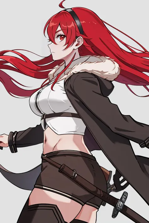 best quality, highres, absurdres, ultra-detailed,  <lora:AdultErisV15-110:0.9>, AdultEris,1girl, long hair, red hair, sword, weapon, red eyes, ahoge, sheath, from side, sheathed, midriff, black hairband, holding, looking at viewer, holding weapon, holding sword, fur trim, jacket, profile, hair between eyes, cowboy shot, floating hair, closed mouth, large_breastts