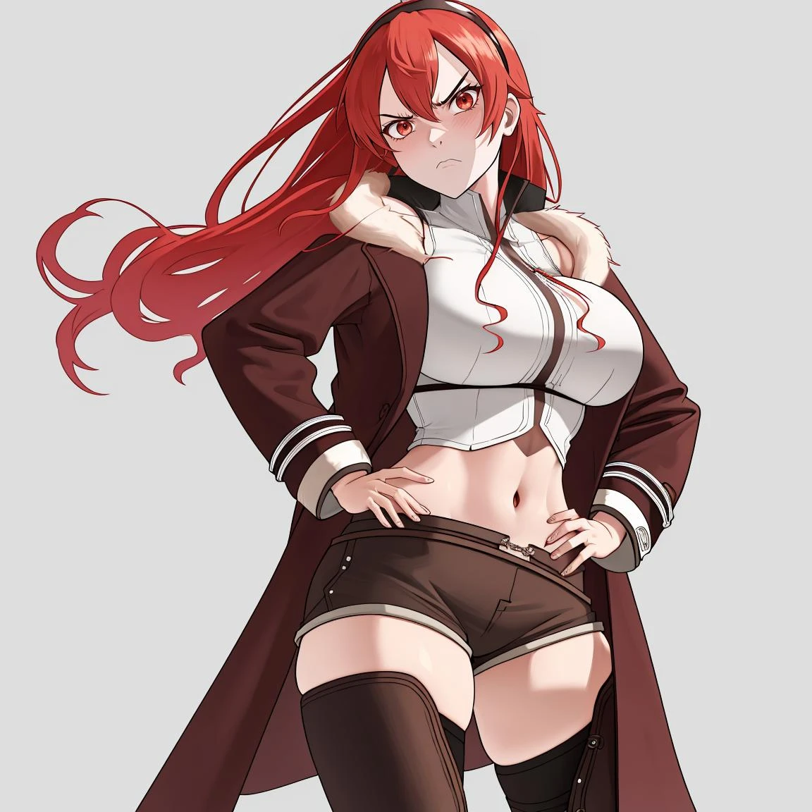 best quality, highres, absurdres, ultra-detailed, <lora:AdultErisV15-110:1>, AdultEris, 1girl, red_hair, solo, long_hair, breasts, large_breasts, red_eyes, brown_chaps, brown_shorts, navel, hairband, brown_coat_white_fur, midriff, hand_on_hip, inner_thighs, annoyed, tsundere, glaring
