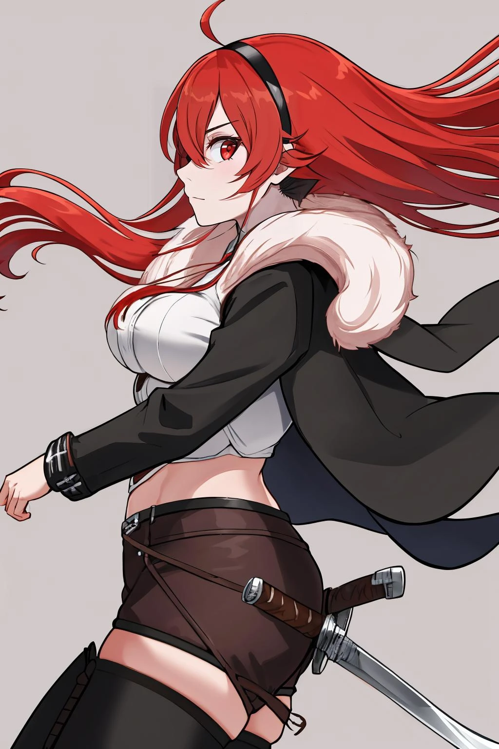 best quality, highres, absurdres, ultra-detailed, <lora:AdultErisV15-80:1.0>, AdultEris,1girl, long hair, red hair, sword, weapon, red eyes, ahoge, sheath, from side, sheathed, midriff, black hairband, holding, looking at viewer, holding weapon, holding sword, fur trim, jacket, profile, hair between eyes, cowboy shot, floating hair, closed mouth, large_breastts