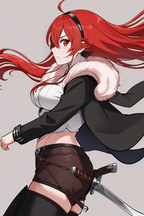 best quality, highres, absurdres, ultra-detailed,  <lora:AdultErisV15-110:0.9>, AdultEris,1girl, long hair, red hair, sword, weapon, red eyes, ahoge, sheath, from side, sheathed, midriff, black hairband, holding, looking at viewer, holding weapon, holding sword, fur trim, jacket, profile, hair between eyes, cowboy shot, floating hair, closed mouth, large_breastts