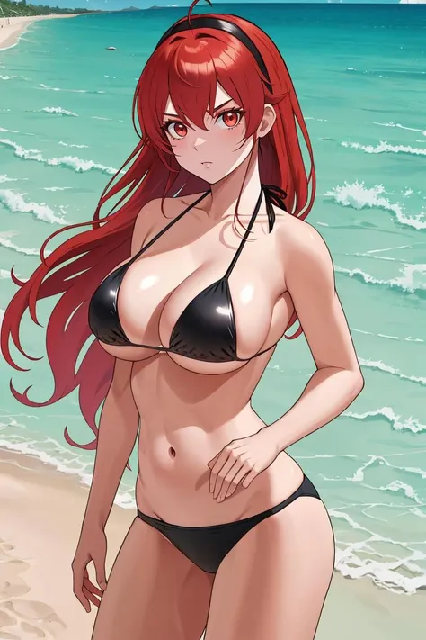 best quality, highres, absurdres, ultra-detailed,  <lora:AdultErisV15-110:0.9>, AdultEris,, 1girl,  red_hair, red_eyes, long_hair,  huge_breasts, solo_focus, black bikini, cowboy_shot, beach, sand, sky