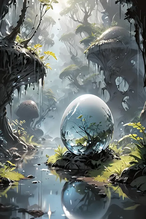 digital painting,other planet,life,alien forest,alien plants,alien mushrooms,alien dwelling,alien animals,transparent eggs,(cracked egg with creature:1.3),ferns,lianas,danger,river,waterfall,background details,bokeh,water vapor,strong rim light,intense shadows,(reflections:1.3),foreshortening,sun rays,light beams,complementary colors,dusk,
<lora:Ice:1>,<lora:shuimodongwu_xl:1>,