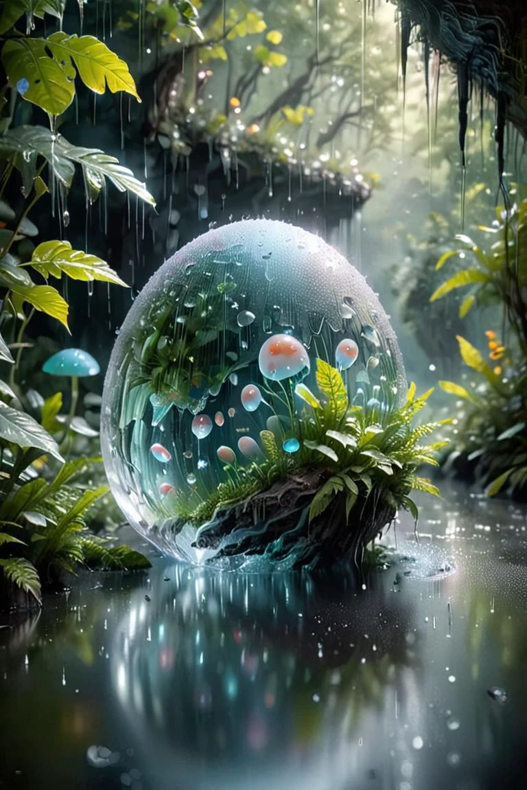 digital painting,(rain:1.3),other planet,life,alien forest,alien plants,alien mushrooms,alien dwelling,alien animals,(transparent eggs:1.3),(cracked egg with girl:1.3),(fairy sleeping:1.3),ferns,lianas,danger,river,waterfall,background details,bokeh,water vapor,strong rim light,intense shadows,(reflections:1.3),foreshortening,sun rays,light beams,complementary colors,dusk,<lora:Ice:1>,<lora:crystalz:1>,