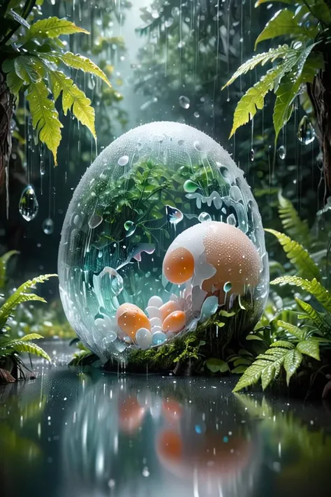 digital painting,(rain:1.3),other planet,life,alien forest,alien plants,alien mushrooms,alien dwelling,alien animals,(transparent eggs:1.3),(cracked egg with girl:1.3),(fairy sleeping:1.3),ferns,lianas,danger,river,waterfall,background details,bokeh,water vapor,strong rim light,intense shadows,(reflections:1.3),foreshortening,sun rays,light beams,complementary colors,dusk,<lora:Ice:1>,<lora:crystalz:1>,