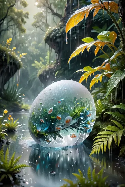 digital painting,(rain:1.3),other planet,life,alien forest,alien plants,alien mushrooms,alien dwelling,alien animals,(transparent eggs:1.3),(cracked egg with girl:1.3),(fairy sleeping:1.3),ferns,lianas,danger,river,waterfall,background details,bokeh,water vapor,strong rim light,intense shadows,(reflections:1.3),foreshortening,sun rays,light beams,complementary colors,dusk,<lora:Ice:1>,<lora:crystalz:1>,