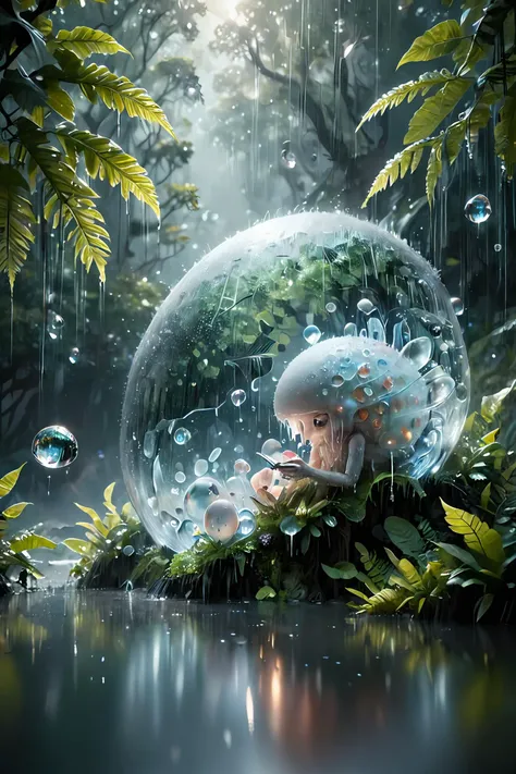digital painting,(rain:1.3),other planet,life,alien forest,alien plants,alien mushrooms,alien dwelling,alien animals,(transparent eggs:1.3),(egg with creature:1.3),(creature reading a small book:1.3),ferns,lianas,danger,river,waterfall,background details,bokeh,water vapor,strong rim light,intense shadows,(reflections:1.3),foreshortening,sun rays,light beams,complementary colors,dusk,<lora:Ice:1>,<lora:crystalz:1>,