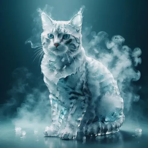 a cat,ice, <lora:Ice:1>,smoke