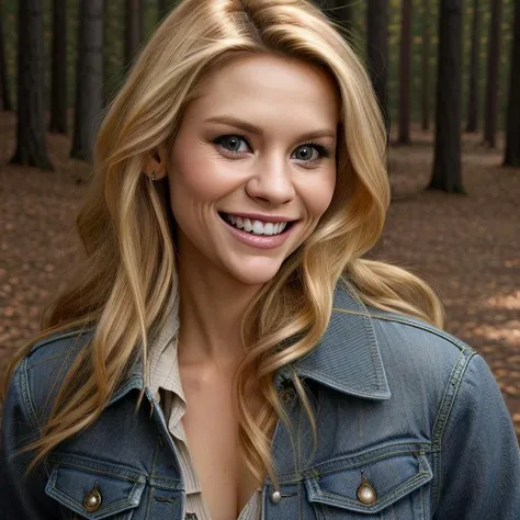 picture, best quality, a woman in the forest, photo of beautiful CDA<lora:CDA:1.0>, long hair, makeup, looking at viewer, smile, blue eyes, blonde hair, wearing jeans and jacket, lips, teeth, realistic