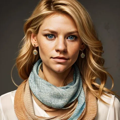 picture, best quality, a woman, photo of beautiful CDA<lora:CDA:1.0>, long hair, blue eyes, blonde hair, jewelry, closed mouth, upper body, earrings, scarf, lips, portrait, freckles, realistic