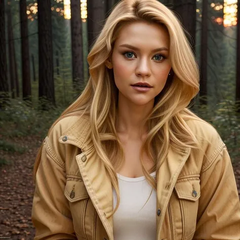 picture, best quality, a woman in the forest at sunset, photo of beautiful CDA<lora:CDA:1.0>, long hair, makeup, looking at viewer, blue eyes, blonde hair, wearing jeans and jacket, lips, realistic