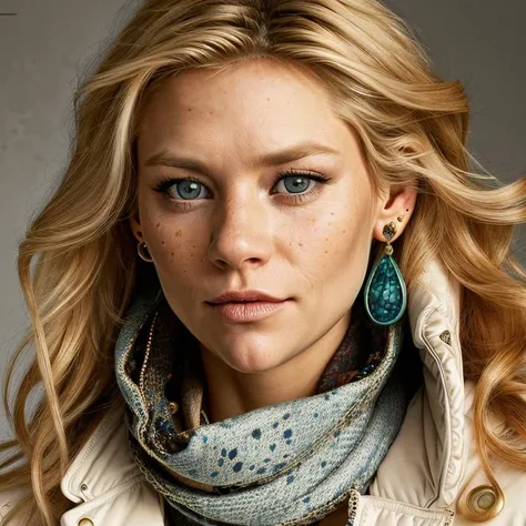 picture, best quality, a sexy woman, photo of beautiful CDA<lora:CDA:1.0>, long hair, blue eyes, blonde hair, jewelry, closed mouth, upper body, earrings, scarf, jacket, lips, portrait, freckles, realistic